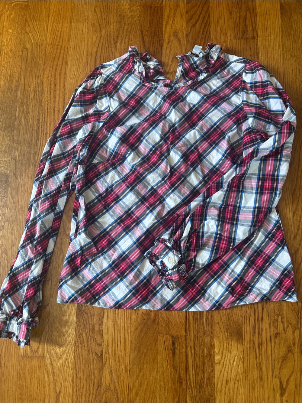 J. Crew Pink White Black Plaid Ruffle-Neck Long Sleeve Top